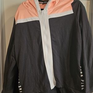 PINK Victoria's Color BlockHoodie.  Sherbet Orange. Gray, And White.